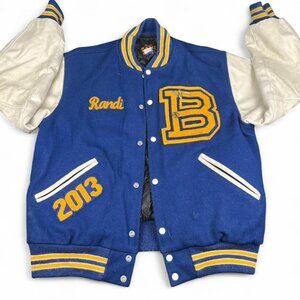 Vintage Varsity Letterman Jacket – Blue & Gold, Leather Sleeves